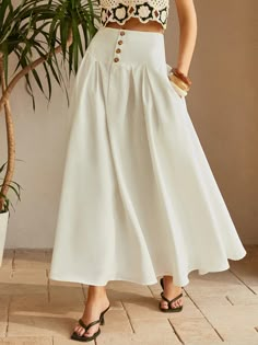 Oversized Button Ruched Pockets Skirt – COMMENSE Different Skirts Designs, Romantic Skirt, Skirt With Pockets, A Skirt, Buttoned Skirt, Long Skirt Fashion, Split Long Dress, Maxi Rok, Wide Leg Dress Pants