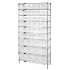 chrome wire shelving unit with white bins