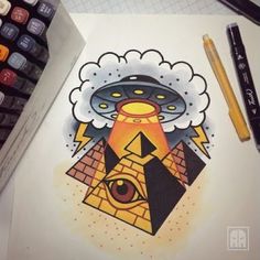 a drawing of an alien house with a pyramid and eye in the sky above it