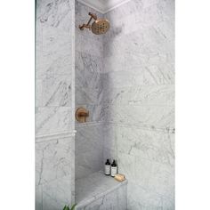 a shower with marble walls and flooring next to a plant in a vase on the shelf