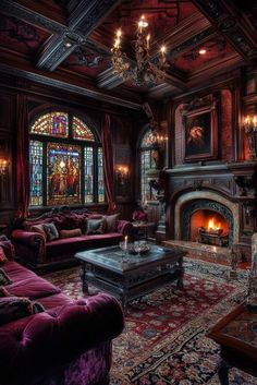 a living room filled with lots of furniture and a fire place in the middle of it