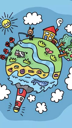 the earth is surrounded by clouds and houses, with animals on it's surface