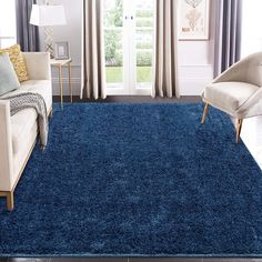 a living room with blue carpet and furniture