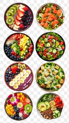 several plates filled with different types of fruits and vegetables