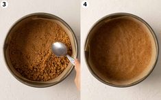 two pictures showing how to mix the ingredients in a mixing bowl with a measuring spoon