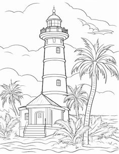 a lighthouse on the beach with palm trees and clouds in the background, coloring page