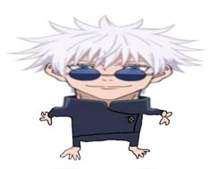 an anime character with white hair and blue eyes, wearing black sunglasses on his head