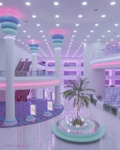 the interior of a modern building with pink and blue lighting, palm tree in center