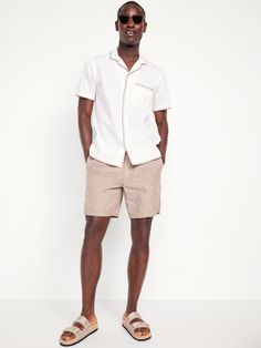 notched lapel short sleeves full-button front patch chest pocket vented sides contrasting-stitch trim relaxed fit hits below waist model is approx.  6'1" and wears size mmachine wash according to the care instruction label Cruise Wardrobe, Summer Night Party, Party Dress Codes, Khaki Shorts Men, Maternity Inspiration, Beach Outfits, Beach Photo, Camp Shirt, Summer 24