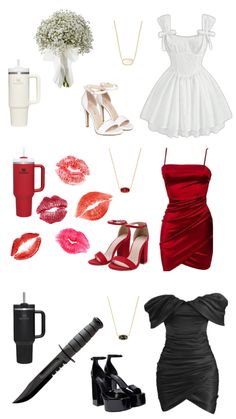 a bunch of different types of clothes and accessories on display with coffee mugs, lipstick, shoes, umbrella