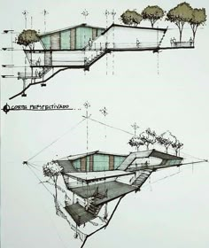 three drawings of different types of houses