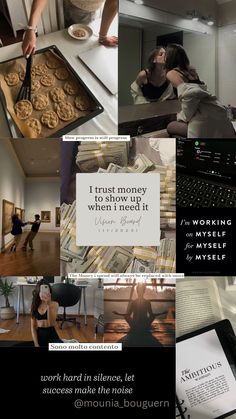 a collage of photos with words and pictures on them, including an image of a woman cooking