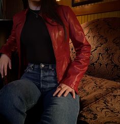 Midnights Outfit Aesthetic, Red And Black Outfits For Women Casual, Red Fits Aesthetic, Autumn Outfits Red Leather Jacket, Bg3 Outfits, Dark Red Leather Jacket Outfit, Red Top Outfit Aesthetic, Vampy Outfit