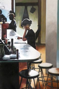 a painting of a woman sitting at a bar