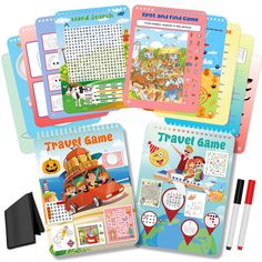 four children's travel games are shown with markers and pencils on the table