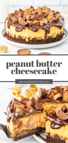 peanut butter cheesecake on a plate with the rest of the cake in the background