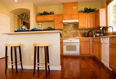 two stools are in front of the kitchen counter