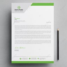 a green and white business letterhead on a gray background with a black pencil next to it