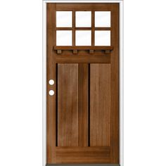 a wooden door with two sidelights and a glass paneled window on the top