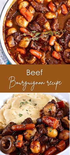 beef and mushroom stew in a white bowl with mashed potatoes