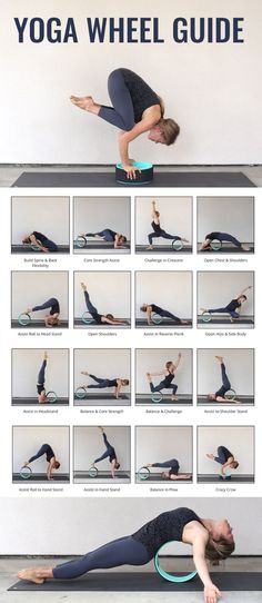 a woman doing yoga poses with the words yoga wheel guide above her head and bottom half - body