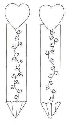 two pencils with hearts and vines on them, one is drawn in black ink