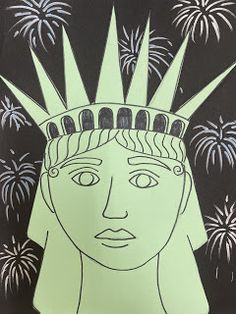 a drawing of the statue of liberty with fireworks in the background