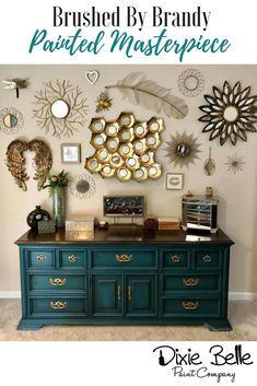 a dresser with lots of decorative items on it and the words brush by brand painted masterpiece