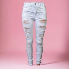 Women’s American Bazi High Rise Destroyed Color Skinny Pants-White 98% Cotton 2% Spandex Damaged/Destroyed Look 5 Pocket Design Lightweight/Stretchable Material Slim Fit **White American Bazi Jackets Available Trendy White Ripped Jeans, White Ripped Cotton Bottoms, Trendy White Distressed Jeans, White Ripped Denim Pants, High Rise White Pants With Frayed Hem, White High Rise Ripped Jeans, White High Rise Pants With Frayed Hem, White High-rise Pants With Frayed Hem, Distressed White Cotton Bottoms