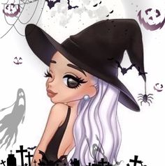 a woman with long white hair wearing a black witches hat and eyeliners is looking at the camera