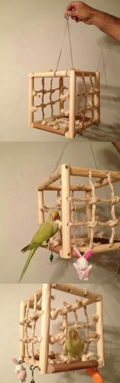 three birds are perched on top of a bird feeder that is made out of bamboo sticks