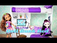 two dolls are sitting next to each other in a room with bunk beds and desks