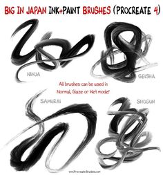 three different types of brush brushes with the words, big n japan ink - paint brushes procreate 4