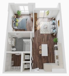 an overhead view of a two bedroom apartment