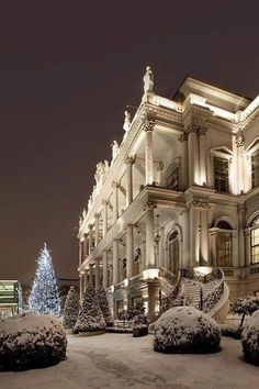 a large building with snow on the ground and trees in front of it at night