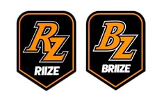 two black and orange badges with the words rize on them