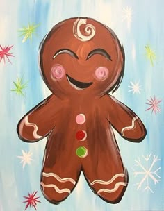 a painting of a gingerbread man on a blue background with snowflakes and stars