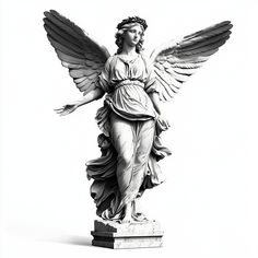 Ultra-realistic black and white photograph of a marble statue of Victoria, the Goddess of Victory, with outstretched wings and a laurel wreath, intricate stone details, graceful yet triumphant pose, deep shadows, strong contrast, isolated on a pure white background, museum-quality, tattoo design Tattoo Inspiration Vorlage Idee (KI generiert) Triumphant Pose, Instagram Tattoos, The Goddess Of Victory, Pure White Background, Quality Tattoo, Goddess Of Victory, Black And White Photograph, Marble Statues, Tattoos Art