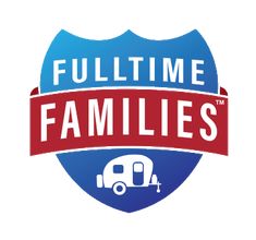 the full time families logo with an rv and trailer in the background on a white background