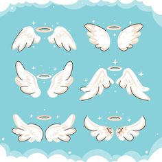 angel wings with halos and stars on a blue background, set of nine different angles