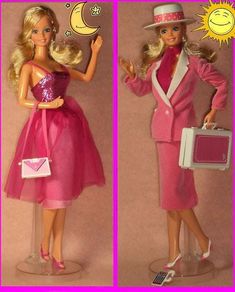 two barbie dolls dressed in pink and white, one is holding a handbag while the other has a purse