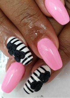 Pink black and white striped floral nails @nailbully Striped Nail Designs, Nails Now, Striped Nails, Floral Nails, Floral Stripe, White Nails, Black Stripes, Pink Black