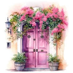 a painting of a pink door with potted plants