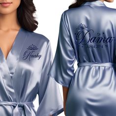 Dusty blue quinceanera robes for damas. Beautiful satin dusty blue quince robes with black glitter design. Long Sleeve Blue Birthday Dress, Blue Quince, Custom Robes, Personalized Robe, Quinceanera Party, Womens Robes, Toddler Sizes, Quince, Quinceanera