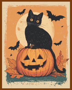 a black cat sitting on top of a pumpkin