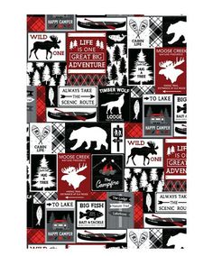 a red and black plaid pattern with moose, bear, deer, and other things