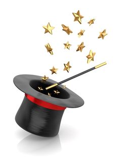 a magician's hat with gold stars falling out of it on a white background