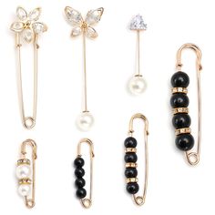 six pairs of hair pins with pearls and crystals