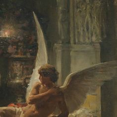 a painting of an angel sitting in a room