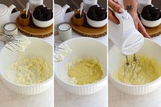 three pictures showing how to make cake batter